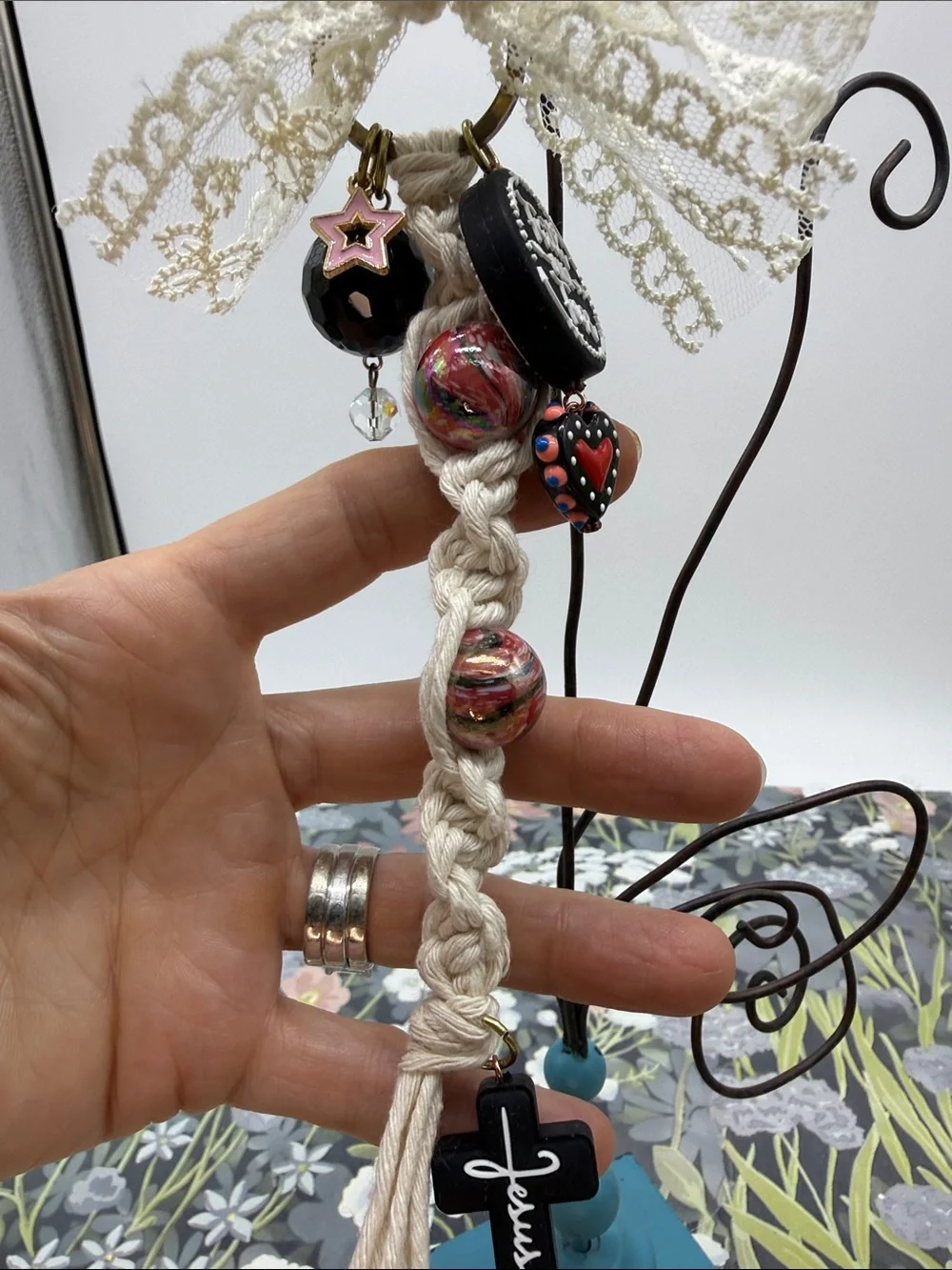 👑Adorned Crown Jewelry purse bag charm keychain Faith over Fear Jesus macrame